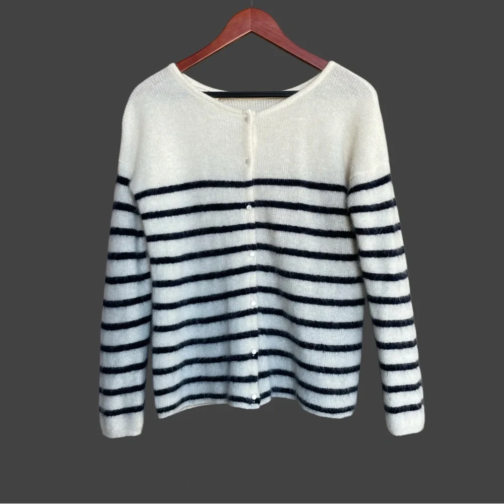 SEZANE Cream Navy Striped Mohair Alpaca Wool Reversible Gaspard Cardigan Sweater - Picture 10 of 17